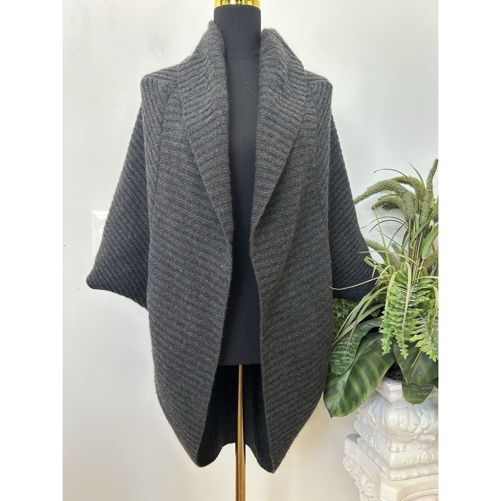 Neiman Marcus Gray 100% Cashmere Ribbed Chunky Open Front Cardigan Sweater Sz L